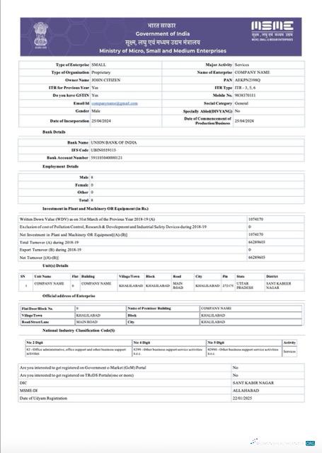 India Udyam registration certificate Word and PDF template, version 6